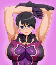 Rule 34 | 1girl, arms up, black hair, blue eyes, breasts, cattleya (queen&#039;s blade), female focus, glasses, gloves, gradient background, highres, large breasts, makani kohitujito, queen&#039;s blade, sideboob, smile, solo, upper body