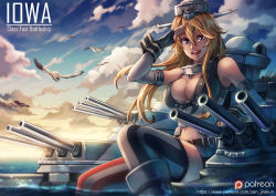 Rule 34 | 10s, 1girl, :d, bare shoulders, bird, blonde hair, blue eyes, breasts, character name, cleavage, cloud, cloudy sky, detached sleeves, fingerless gloves, gloves, headgear, horizon, in water, iowa (kancolle), kantai collection, large breasts, long hair, looking at viewer, machinery, midriff, miniskirt, navel, ocean, open mouth, patreon, patreon username, salute, seagull, sitting, skirt, sky, smile, solo, thighhighs, turret, twilight, watermark, web address, zen (jirakun), zettai ryouiki