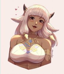 Rule 34 | 1girl, animal ears, armlet, ash (fire emblem), black horns, blunt bangs, blush, breasts, brown eyes, commentary, cow ears, cow girl, cow horns, cropped torso, dark-skinned female, dark skin, english commentary, evomanaphy, fire emblem, fire emblem heroes, hair ornament, highres, horns, large breasts, looking at viewer, nintendo, open mouth, simple background, smile, solo, teeth, twitter username, upper teeth only, white hair