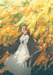 Rule 34 | 1girl, autumn leaves, blue eyes, brown hair, dress, from side, tucking hair, hand up, highres, leaf, long hair, long sleeves, original, potg (piotegu), solo, standing, very long hair, white dress