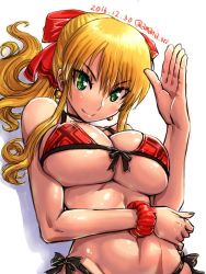Rule 34 | 1girl, amania orz, bikini, blonde hair, breasts, character request, cleavage, copyright request, front-tie bikini top, front-tie top, green eyes, large breasts, long hair, looking at viewer, ponytail, shiny skin, side-tie bikini bottom, side-tie bottom, skindentation, smile, solo, swimsuit, tagme, underboob
