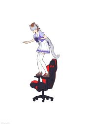 Rule 34 | 1girl, absurdres, animal ears, balancing, blue bow, blue bowtie, blue hair, bow, bowtie, brown footwear, chair, commentary, ear covers, english commentary, full body, gold ship (umamusume), highres, horse ears, horse girl, horse tail, meme, mouhantain, office chair, on chair, pillbox hat, puffy short sleeves, puffy sleeves, school uniform, short sleeves, signature, simple background, solo, standing, standing on chair, swivel chair, tail, thighhighs, tracen school uniform, umamusume, white background, white thighhighs