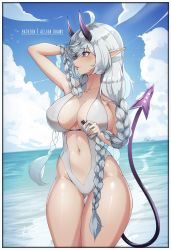 Rule 34 | 1girl, aelion draws, bare arms, bare shoulders, bird, border, braid, breasts, cleavage, cloud, collarbone, commentary, cowboy shot, demon girl, demon horns, demon tail, english commentary, gluteal fold, grey hair, hand up, highleg, highleg swimsuit, highres, holding, horns, large breasts, long hair, looking to the side, navel, ocean, original, outdoors, parted lips, patreon username, pointy ears, pointy nose, purple eyes, revealing clothes, shadow, shiny skin, signature, sky, solo, sparkle, swimsuit, tail, thick thighs, thigh gap, thighs, twin braids, very long hair, white border