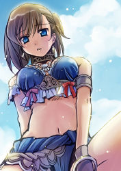 Rule 34 | 00s, 1girl, bad id, bad pixiv id, bikini, blue bikini, blue eyes, blush, breasts, brown hair, cloud, day, female focus, final fantasy, final fantasy xi, from below, hume, jewelry, large breasts, looking down, naruse chisato, navel, necklace, outdoors, sky, solo, swimsuit