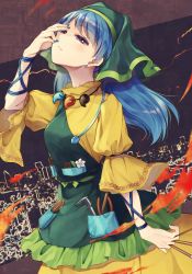 Rule 34 | 1girl, absurdres, apron, arm up, blue hair, blue nails, blush, breasts, commentary request, cowboy shot, dress, earrings, eyeshadow, green apron, hand up, haniyasushin keiki, head scarf, head tilt, highres, holding, jewelry, kaede (mmkeyy), long hair, looking up, magatama, magatama necklace, makeup, medium breasts, nail polish, necklace, parted lips, pocket, puffy short sleeves, puffy sleeves, purple eyes, short sleeves, solo, standing, touhou, yellow dress