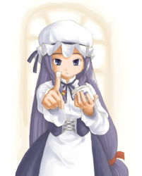 Rule 34 | 1girl, :&lt;, ayase yue, bell, bonnet, braid, bunches, bustier, hair bell, hair ornament, kasuga yukihito, long hair, low-tied long hair, mahou sensei negima!, pointing, pointing at viewer, purple eyes, purple hair, solo, twin braids, twintails