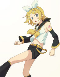 Rule 34 | 1girl, :o, armpit crease, arms at sides, bad id, bad pixiv id, bare shoulders, beige background, belt, black sailor collar, black shorts, blonde hair, blue eyes, clenched hands, clothes lift, colored eyelashes, detached sleeves, dot nose, feet out of frame, fingernails, flat chest, hair ornament, hair ribbon, hairclip, kagamine rin, leg up, leg warmers, looking at viewer, looking back, musical note, nail polish, navel, number tattoo, ribbon, sailor collar, shirt lift, short hair, shorts, shoulder tattoo, simple background, solo, standing, standing on one leg, stomach, tareme, tattoo, teeth, torla16, treble clef, upper teeth only, vocaloid, white ribbon, yellow belt, yellow nails, yellow neckwear, yellow ribbon