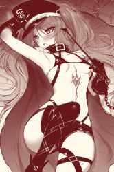 Rule 34 | 1girl, bare shoulders, bikini, blush, boots, breasts, cape, chain, collar, collarbone, epaulettes, euryale (fate), fate/hollow ataraxia, fate (series), gloves, greyscale, hat, highres, knee up, long hair, looking at viewer, lying, m-da s-tarou, micro bikini, monochrome, navel, on back, open mouth, peaked cap, riding crop, short shorts, shorts, slit pupils, small breasts, stomach tattoo, swimsuit, tattoo, thigh boots, thighhighs, thighs, twintails, very long hair