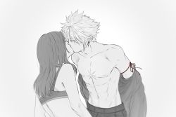 Rule 34 | 1boy, 1girl, abs, bare shoulders, closed eyes, cloud strife, collarbone, couple, earrings, facing another, final fantasy, final fantasy vii, greyscale, hetero, highres, jewelry, kiss, long hair, maiii (smaii i), monochrome, pants, ribbon, short hair, simple background, sports bra, tifa lockhart, toned, toned male, topless male, underwear, undressing, white background