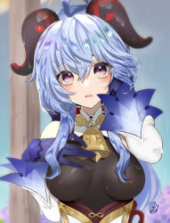 Rule 34 | 1girl, ahoge, bare shoulders, bell, blue gloves, blue hair, blush, breasts, detached sleeves, ganyu (genshin impact), genshin impact, gloves, gold trim, hand on own chest, highres, horns, leonis g, long hair, looking at viewer, medium breasts, neck bell, paid reward available, parted lips, purple eyes, sidelocks, signature, solo, upper body, white sleeves