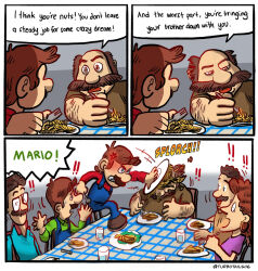 Rule 34 | 1girl, 5boys, angry, aunt marie, blue eyes, brothers, brown hair, comic, earrings, facial hair, family, father and son, food, highres, jewelry, looking at another, luigi, mario, mario (series), multiple boys, mustache, nintendo, overalls, papa mario, siblings, speech bubble, surprised, sweat, table, the super mario bros. movie, uncle arthur, uncle tony, wrench