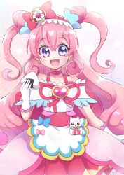 Rule 34 | 1girl, :d, absurdres, apron, bow, brooch, choker, cone hair bun, cure precious, delicious party precure, double bun, earrings, food, hair bow, hair bun, heart, heart brooch, highres, holding, holding food, jewelry, kome-kome (precure), long hair, looking at viewer, magical girl, nagomi yui, onigiri, open mouth, pink hair, precure, purple background, purple eyes, red bow, red choker, red skirt, rii (rii0 02), sidelocks, skirt, smile, solo, twitter username, two side up, upper body
