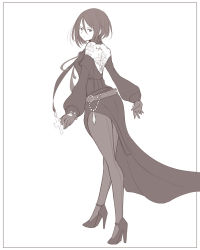 Rule 34 | 00s, 1girl, back, bad id, bad pixiv id, bonifas, cross, dress, dungeon and fighter, female focus, female priest (dungeon and fighter), full body, greyscale, high heels, highres, looking at viewer, mistress (dungeon and fighter), monochrome, pantyhose, shoes, short hair, simple background, solo, standing, tattoo, white background