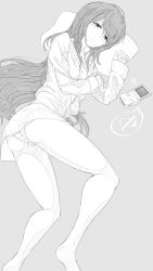 Rule 34 | 1girl, breasts, cleavage, collarbone, dice gt, dress shirt, game boy, game boy advance sp, game boy color, grey background, greyscale, handheld game console, highres, idolmaster, idolmaster million live!, long hair, looking at viewer, low battery notification, lying, mochizuki anna, monochrome, on side, panties, parted lips, pillow, shirt, simple background, small breasts, solo, speech bubble, underwear, very long hair