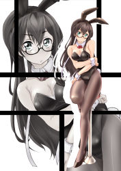 Rule 34 | 1girl, alternate costume, animal ears, black hair, black leotard, blue eyes, bow, bowtie, breasts, cleavage, commentary request, detached collar, dutch angle, fake animal ears, full body, highres, iga tamaki, kantai collection, leotard, long hair, looking at viewer, medium breasts, muted color, ooyodo (kancolle), pantyhose, playboy bunny, rabbit ears, rabbit tail, red bow, red bowtie, solo, standing, stool, strapless, strapless leotard, tail, wrist cuffs, zoom layer
