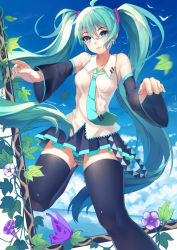 Rule 34 | 1girl, ahoge, aqua eyes, aqua hair, baisi shaonian, detached sleeves, flower, gradient background, hatsune miku, highres, long hair, nail polish, necktie, panties, skirt, solo, striped clothes, striped panties, thighhighs, twintails, underwear, very long hair, vocaloid