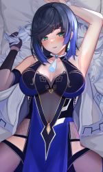 Rule 34 | 1girl, absurdres, asymmetrical gloves, bare shoulders, black hair, black pants, blue dress, blue hair, blush, bob cut, breasts, cleavage, cleavage cutout, clothing cutout, diagonal bangs, dress, earrings, efuri (riarea00), fur-trimmed jacket, fur trim, genshin impact, gloves, green eyes, highres, hip vent, jacket, jewelry, large breasts, looking at viewer, lying, mismatched gloves, mole, mole on breast, multicolored hair, neck ring, on back, pants, parted lips, pelvic curtain, short hair, smile, solo, tassel, thighs, tight clothes, tight pants, two-tone hair, white jacket, yelan (genshin impact)