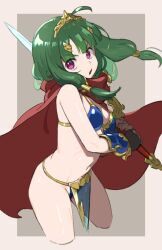 Rule 34 | 1girl, ahoge, arm guards, armor, bikini armor, breasts, brown background, cape, commentary request, cowboy shot, cropped legs, etrian odyssey, green hair, hair ornament, hair tubes, head tilt, hero (sekaiju), hero 2 (sekaiju), highres, holding, holding sword, holding weapon, long hair, low twintails, medium hair, mya-zawa, navel, open mouth, over shoulder, pelvic curtain, pink eyes, red cape, revision, sekaiju no meikyuu, sekaiju no meikyuu x, simple background, small breasts, solo, standing, sword, sword over shoulder, tiara, twintails, two-tone background, weapon, weapon over shoulder, white background
