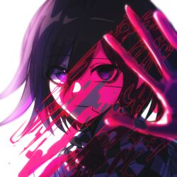 Rule 34 | 1boy, backlighting, blood, blood splatter, checkered clothes, checkered scarf, closed mouth, commentary request, danganronpa (series), danganronpa v3: killing harmony, expressionless, flipped hair, foreshortening, hair between eyes, hand up, looking at viewer, male focus, oma kokichi, pink blood, portrait, purple eyes, purple hair, ringed eyes, scarf, short hair, solo, teruha kurumi, white background, wiping
