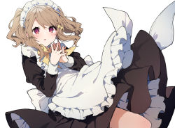 Rule 34 | 1girl, :o, apron, blush, bow, bowtie, brown hair, commentary request, hair bow, highres, ikeuchi tanuma, long sleeves, looking at viewer, maid, maid headdress, original, red eyes, short hair, simple background, solo, thighs, white apron, white background, yellow bow, yellow bowtie