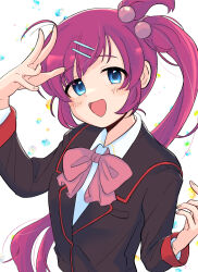 Rule 34 | 1girl, :d, ahoge, black jacket, blue eyes, blush, bow, bright pupils, collared shirt, commentary, eyes visible through hair, floating hair, hair between eyes, hair bobbles, hair ornament, hairclip, hands up, happy, highres, ishi nore, jacket, little busters!, little busters! school uniform, long hair, long sleeves, looking at viewer, marble (toy), one side up, open mouth, pink bow, purple hair, saigusa haruka, school uniform, shirt, side ponytail, simple background, smile, solo, tareme, upper body, very long hair, white background, white shirt