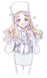 Rule 34 | 1girl, amezawa koma, blonde hair, blush, capelet, commentary request, cropped legs, fur hat, hat, idolmaster, idolmaster cinderella girls, long hair, long sleeves, looking at viewer, mochizuki hijiri, musical note, open mouth, own hands together, parted bangs, pencil skirt, pink eyes, simple background, skirt, smile, solo, sweater, ushanka, wavy hair, white background, white capelet, white hat