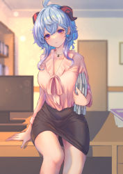 Rule 34 | 1girl, absurdres, ahoge, alternate costume, bangs pinned back, black skirt, blouse, blue eyes, blush, book, closed mouth, commentary request, computer, contemporary, cupboard, curled horns, earrings, eyelashes, ganyu (genshin impact), genshin impact, goat horns, hand on table, highres, holding, horns, jewelry, lips, long hair, long sleeves, looking at viewer, necklace, office lady, pink shirt, puffy sleeves, punipunimeron1, purple eyes, red horns, shirt, sidelocks, sitting, skirt, solo, table, wooden table