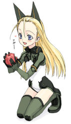 Rule 34 | 00s, 1girl, :d, ahoge, animal ears, apple, bitten apple, blonde hair, blue eyes, blush, boots, elise von dietrich, fake animal ears, fang, flat chest, food, food bite, from side, fruit, full body, gloves, green footwear, green thighhighs, hairband, happy, headgear, heart, holding, holding food, holding fruit, kneeling, leotard, long hair, motionslit, open mouth, pilot suit, satou atsuki, simple background, sky girls, smile, solo, thigh boots, thighhighs, turtleneck