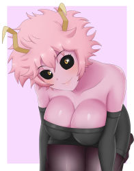 Rule 34 | 1girl, ashido mina, bare shoulders, black sclera, blush, boku no hero academia, breasts, cleavage, colored sclera, colored skin, detached sleeves, highres, horns, large breasts, looking at viewer, next one, pantyhose, pink background, pink hair, pink skin, smile, solo, yellow eyes
