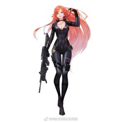 Rule 34 | 1girl, arm at side, arm up, assault rifle, black bodysuit, blue eyes, bodysuit, breasts, center opening, choker, cleavage, copyright request, darling in the franxx, earrings, explosive, full body, gorgeous mushroom, grenade, gun, head tilt, holster, jewelry, large breasts, lipstick, long hair, looking at viewer, makeup, miku (darling in the franxx), necklace, orange hair, parted bangs, pendant, rifle, simple background, solo, standing, stud earrings, thigh holster, very long hair, weapon, weibo watermark, white background
