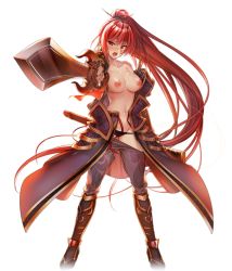 Rule 34 | 1girl, armor, black footwear, black panties, boots, breasts, clothes pull, collarbone, faulds, floating hair, full body, game cg, gluteal fold, grey pants, groin, hair ornament, hairpin, high ponytail, holding, holding sheath, holding sword, holding weapon, knee boots, large breasts, long hair, looking at viewer, navel, nipples, official art, open mouth, panties, pants, pants pull, panty pull, red eyes, red hair, sheath, solo, sword, thigh gap, tokimeki general girls x, transparent background, underwear, unsheathed, very long hair, warrior, weapon, zhou tai (tokimeki general girls x)