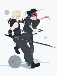 Rule 34 | 2boys, aqua eyes, armor, baggy pants, bandaged arm, bandages, baton (weapon), battle, belt, black belt, black footwear, black gloves, black jacket, black pants, black shirt, black suit, blonde hair, boots, buster sword, cloud strife, cluck gugu, collared shirt, facial mark, fighting stance, final fantasy, final fantasy vii, final fantasy vii remake, fingerless gloves, formal, full body, gloves, goggles, goggles on head, hair between eyes, highres, holding, holding baton, holding sword, holding weapon, jacket, kicking, long sleeves, looking at another, low ponytail, male focus, midriff peek, motion lines, multiple belts, multiple boys, open mouth, pants, red hair, reno (ff7), shirt, short hair, short hair with long locks, shoulder armor, single bare shoulder, sleeveless, sleeveless turtleneck, smile, spiked hair, suit, suit jacket, sword, toned, toned male, turtleneck, weapon, white background, white shirt