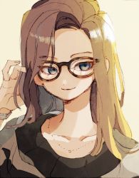 Rule 34 | 1girl, black-framed eyewear, black sweater, blue eyes, brown hair, closed mouth, glasses, grey background, hand up, jewelry, ka (marukogedago), long hair, looking at viewer, necklace, original, portrait, simple background, smile, solo, sweater, watch, wristwatch