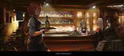 Rule 34 | 4girls, alcohol, aqua eyes, armband, bad id, bad pixiv id, bar (place), bartender, black hair, black skirt, blonde hair, bottle, bow, bowtie, ceiling light, counter, cross, crossed arms, hair between eyes, highres, holding, holding tray, indoors, inverted cross, long hair, looking at viewer, md5 mismatch, money, multiple girls, open mouth, pencil skirt, pixiv fantasia, pixiv fantasia t, plant, ponytail, potted plant, red eyes, red hair, renatus.z, shelf, shirt, skirt, sleeves rolled up, smile, tray, twintails, vest, white hair, white shirt, wine bottle