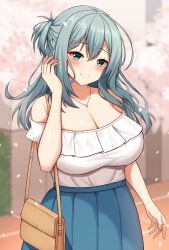 Rule 34 | 1girl, alternate breast size, alternate costume, alternate hairstyle, aqua eyes, aqua hair, arm at side, armpit crease, bag, bare shoulders, blue skirt, blurry, blurry background, blush, breasts, brown bag, casual, cherry blossoms, cleavage, closed mouth, collarbone, commentary request, cowboy shot, day, eyelashes, floating hair, frilled shirt, frills, hair between eyes, hair ornament, hairclip, half updo, hand up, handbag, happy, high-waist skirt, highres, huge breasts, jewelry, long hair, looking at viewer, necklace, outdoors, pleated skirt, riddle joker, ryakusun, shikibe mayu, shiny skin, shirt, short ponytail, skirt, smile, solo, split mouth, tsurime, white shirt, x hair ornament