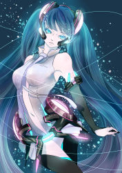 Rule 34 | 1girl, absurdres, aqua eyes, aqua hair, belt, bridal gauntlets, center opening, elbow gloves, fingerless gloves, gloves, hatsune miku, hatsune miku (append), highres, long hair, msk, navel, necktie, solo, thighhighs, twintails, very long hair, vocaloid, vocaloid append