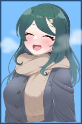 Rule 34 | 1girl, :d, blush, breasts, brown scarf, closed eyes, clover hair ornament, coat, day, facing viewer, green hair, grey coat, hair ornament, hairclip, highres, large breasts, long hair, open mouth, outdoors, scarf, smile, solo, sumi suya, sunao na kapipara, upper body, virtual youtuber