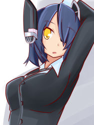 Rule 34 | 10s, 1girl, :o, arm up, artist request, black jacket, blazer, blue hair, breasts, collar, eyebrows, eyepatch, gradient background, hair over one eye, headgear, highres, jacket, kantai collection, long sleeves, looking at viewer, medium breasts, necktie, odecchi, open mouth, parted lips, short hair, simple background, solo, tenryuu (kancolle), tsurime, upper body, yellow eyes