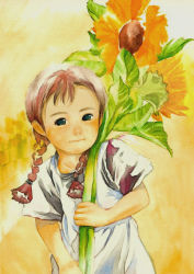 Rule 34 | 1girl, anne of green gables, anne shirley, bad id, bad pixiv id, braid, child, flower, freckles, green eyes, light smile, nippon animation, painting (medium), realistic, shizenkaiki, short sleeves, smile, solo, sunflower, traditional media, twin braids, watercolor (medium), world masterpiece theater