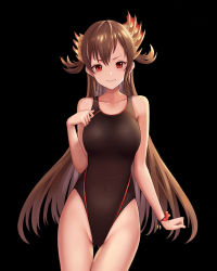 Rule 34 | 1girl, black background, black one-piece swimsuit, brown hair, collarbone, competition swimsuit, cowboy shot, flat chest, galmieux omen of disdain, gluteal fold, hair ornament, highres, long hair, looking at viewer, one-piece swimsuit, red eyes, shadowverse, simple background, solo, standing, swimsuit, thigh gap, tsurime, yoyuki