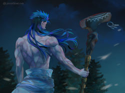 Rule 34 | 1boy, back, belt, blue hair, cu chulainn (caster) (fate), cu chulainn (fate), earrings, fate/grand order, fate (series), floating hair, from behind, holding, holding staff, jewelry, kim yura (goddess mechanic), long hair, male focus, muscular, muscular male, topless male, solo, spiked hair, staff, twitter username, wooden staff