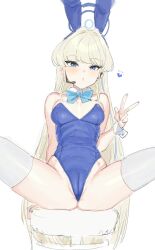 Rule 34 | 1girl, animal ears, blonde hair, blue archive, blue bow, blue bowtie, blue eyes, blue leotard, bow, bowtie, breasts, cameltoe, cleft of venus, detached collar, fake animal ears, heart, highleg, highleg leotard, highres, leotard, long hair, looking at viewer, medium breasts, playboy bunny, pussy, rabbit ears, simple background, sitting, solo, spread pussy, suisogenshi, thighhighs, toki (blue archive), toki (bunny) (blue archive), v, very long hair, white background, white thighhighs, wrist cuffs