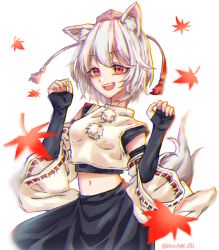 Rule 34 | 1girl, :d, animal ear fluff, animal ears, arms up, autumn leaves, black skirt, blush, breasts, commentary request, cowboy shot, dauchimk 1113, dress, elbow gloves, fingerless gloves, gloves, hair between eyes, hat, inubashiri momiji, looking at viewer, medium breasts, midriff, navel, open mouth, pom pom (clothes), red eyes, ribbon-trimmed sleeves, ribbon trim, short hair, simple background, skirt, sleeveless, sleeveless dress, smile, solo, tail, tassel, teeth, tokin hat, touhou, upper body, upper teeth only, white background, white hair, wide sleeves, wolf ears, wolf tail