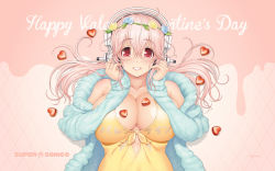 Rule 34 | 1girl, bare shoulders, blush, breasts, candy, character name, chocolate, chocolate heart, cleavage, company name, english text, flower, food, hair flower, hair ornament, happy valentine, head wreath, headphones, heart, highres, large breasts, long hair, looking at viewer, nitroplus, official art, official wallpaper, open mouth, pink hair, red eyes, smile, solo, super sonico, tsuji santa, valentine