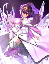 Rule 34 | 1girl, arm at side, bow, breasts, cleavage, commentary request, cowboy shot, crystal, dress, fate/grand order, fate (series), from side, hair between eyes, hair bow, highres, holding, holding wand, impossible clothes, jewelry, large breasts, long hair, looking at viewer, ponytail, purple dress, purple hair, red eyes, scathach (fate), scathach skadi (fate), scathach skadi (third ascension) (fate), smile, solo, standing, standing on one leg, tiara, untue, veil, wand