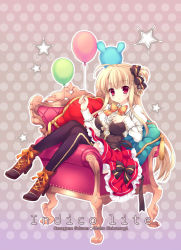 Rule 34 | 1girl, :o, armchair, balloon, black thighhighs, blonde hair, boots, bow, bowtie, breasts, chair, couch, cross-laced footwear, dress, full body, hair bow, high heels, lace-up boots, large breasts, long sleeves, mitha, original, parted lips, pillow, polka dot, polka dot background, print legwear, red eyes, red upholstery, ribbon, shirt, shoes, simple background, sitting, striped ribbon, thighhighs, white shirt