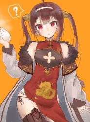 Rule 34 | ?, after suko, azur lane, baozi, breast cutout, brown hair, china dress, chinese clothes, dress, flat chest, food, hairband, panties, ping hai (azur lane), red eyes, solo, string panties, twintails, underwear