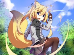 Rule 34 | &gt;:o, 1girl, animal ear fluff, animal ears, black pantyhose, blonde hair, blue eyes, blue sky, bow, chaakusu, commentary request, day, fighting stance, fox ears, fox tail, hair bow, jacket, light rays, long hair, long sleeves, miniskirt, original, pantyhose, pleated skirt, skirt, sky, solo, tail, tree, twintails, v-shaped eyebrows