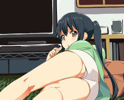 Rule 34 | 00s, 1girl, :t, a1 (initial-g), ass, black hair, chips (food), eating, food, foreshortening, highres, k-on!, kneepits, long hair, looking back, lying, nakano azusa, on side, panties, potato chips, red eyes, solo, television, twintails, underwear, upshorts, white panties