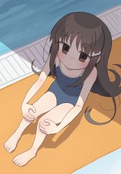 Rule 34 | 1girl, akichi mashiro, bare arms, bare legs, bare shoulders, barefoot, blue one-piece swimsuit, blush, brown eyes, brown hair, closed mouth, covered navel, hair ornament, hairclip, highres, kibisake, knees up, long hair, looking at viewer, looking up, old school swimsuit, one-piece swimsuit, original, pool, poolside, school swimsuit, sitting, solo, swimsuit, very long hair, water